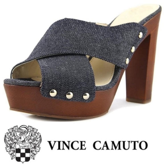 Vince Camuto Blue Denim Heels Platforms Platform Sandals Studs Wooden. - Picture 2 of 14